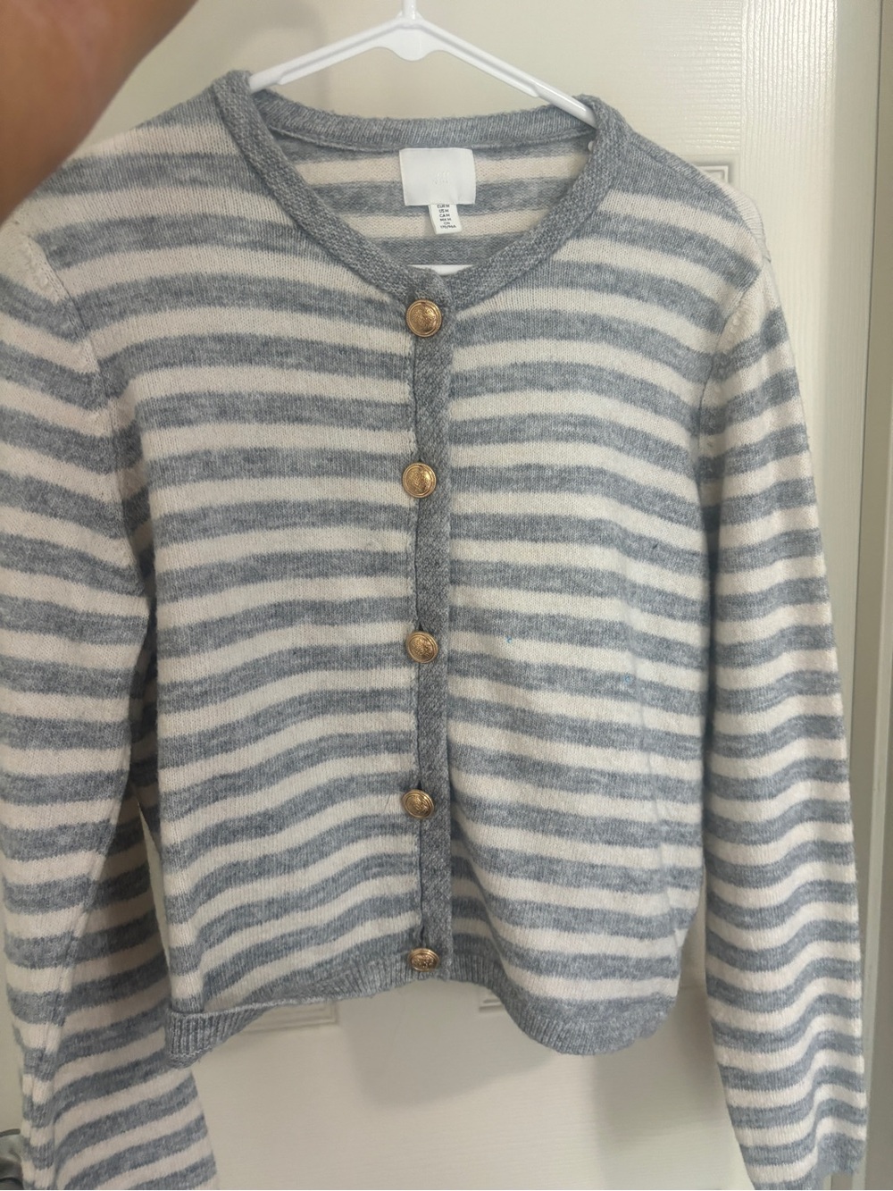 H&M Gray & Cream Striped Crewneck Button Cardigan